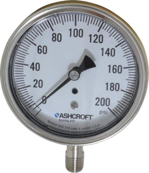 Ashcroft - 3-1/2" Dial, 1/4 Thread, 0-200 Scale Range, Pressure Gauge - Lower Connection Mount, Accurate to 1% of Scale - All Tool & Supply