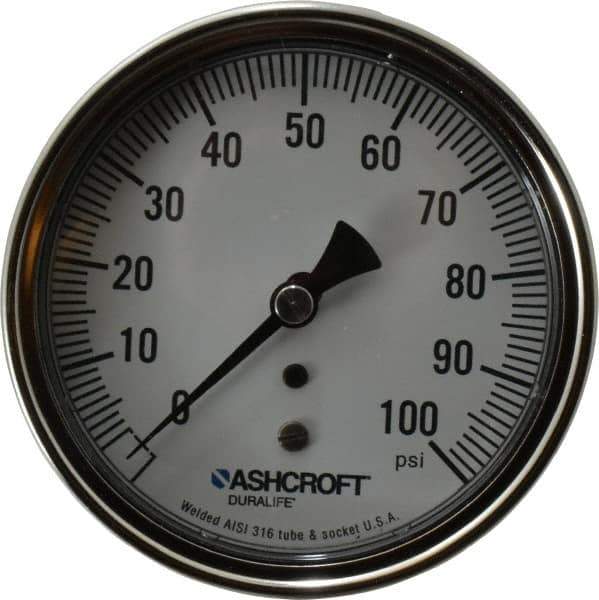 Ashcroft - 3-1/2" Dial, 1/4 Thread, 0-100 Scale Range, Pressure Gauge - Center Back Connection Mount, Accurate to 1% of Scale - All Tool & Supply