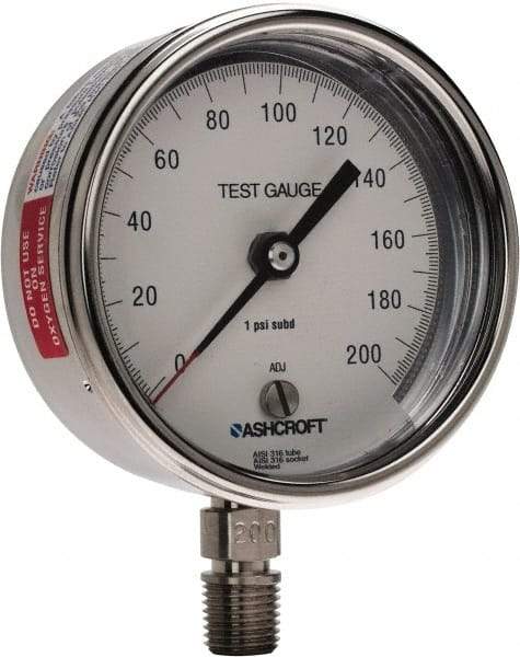 Ashcroft - 3" Dial, 1/4 Thread, 0-200 Scale Range, Pressure Gauge - Lower Connection Mount, Accurate to 0.5% of Scale - All Tool & Supply