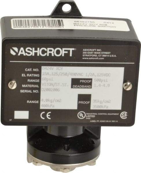 Ashcroft - 9 to 60 psi Adjustable Range, 500 Max psi, Watertight Single Setpoint - 1/4 Thread - All Tool & Supply