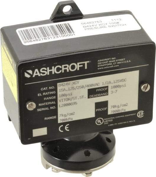 Ashcroft - 15 to 100 psi Adjustable Range, 1,000 Max psi, Watertight Single Setpoint - 1/4 Thread - All Tool & Supply