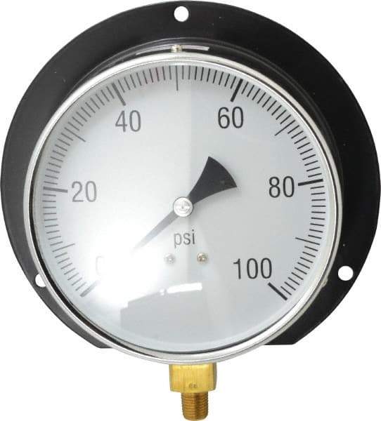 Value Collection - 6" Dial, 1/4 Thread, 0-100 Scale Range, Pressure Gauge - Lower Connection, Rear Flange Connection Mount, Accurate to 3-2-3% of Scale - All Tool & Supply