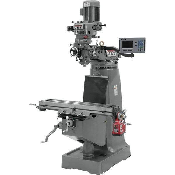 Jet - 9" Table Width x 42" Table Length, Step Pulley Control, 3 Phase Knee Milling Machine - R8 Spindle Taper, 2 hp - All Tool & Supply