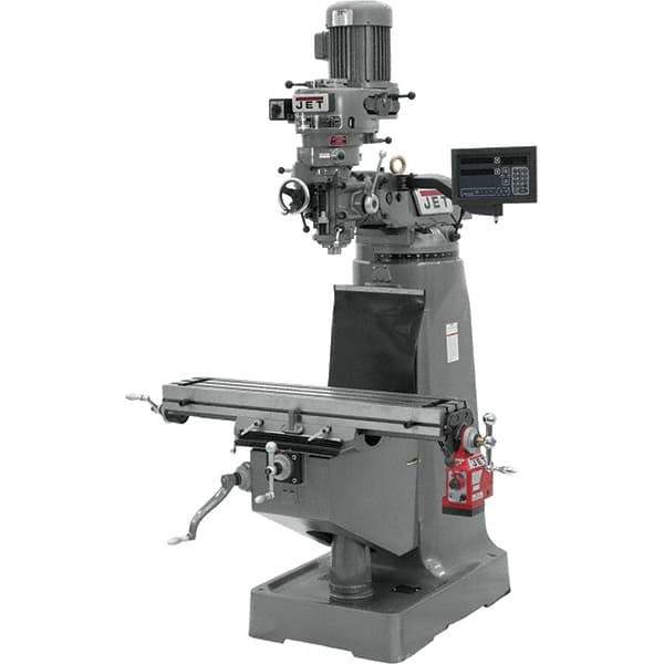 Jet - 9" Table Width x 42" Table Length, Step Pulley Control, 3 Phase Knee Milling Machine - R8 Spindle Taper, 2 hp - All Tool & Supply