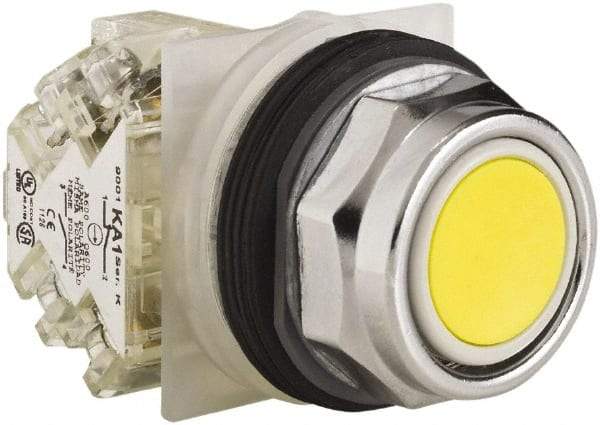 Schneider Electric - 30mm Mount Hole, Extended Straight, Pushbutton Switch with Contact Block - Yellow Pushbutton, Momentary (MO) - All Tool & Supply