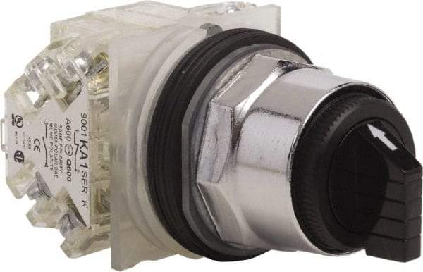 Schneider Electric - 1.18 Inch Mount Hole, 3 Position, Knob and Pushbutton Operated, Selector Switch - Black, Momentary (MO), 2NO/2NC, Weatherproof and Dust and Oil Resistant - All Tool & Supply