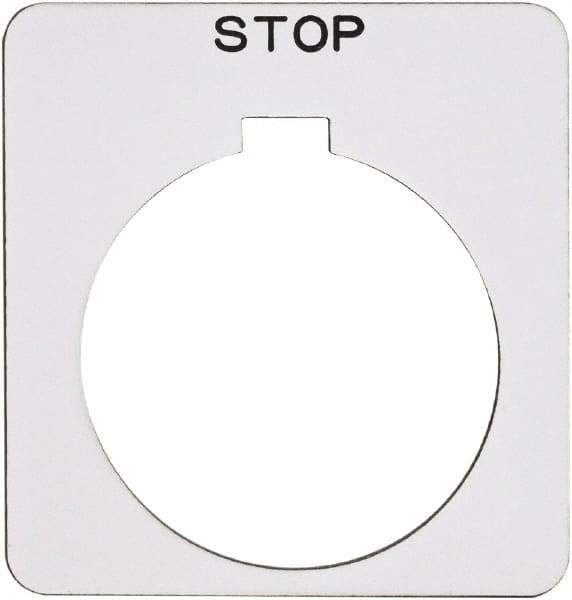 Schneider Electric - Square, Plastic Legend Plate - Stop - White Background, Black Letters, 1.22 Inch Hole Diameter, 1-3/4 Inch Square - All Tool & Supply