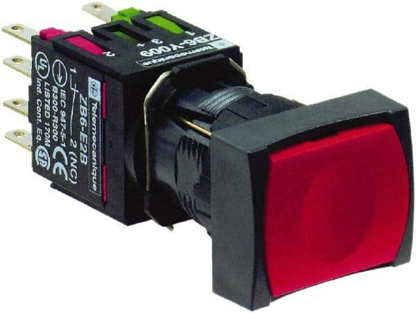 Schneider Electric - 16mm Mount Hole, Flush, Pushbutton Switch with Contact Block - Rectangle, Red Pushbutton, Momentary (MO) - All Tool & Supply