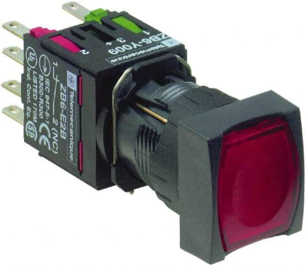 Schneider Electric - 16mm Mount Hole, Flush, Pushbutton Switch with Contact Block - Square, Red Pushbutton, Illuminated, Momentary (MO) - All Tool & Supply