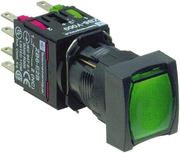 Schneider Electric - 16mm Mount Hole, Flush, Pushbutton Switch with Contact Block - Square, Green Pushbutton, Illuminated, Momentary (MO) - All Tool & Supply