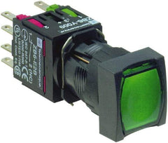 Schneider Electric - 16mm Mount Hole, Flush, Pushbutton Switch with Contact Block - Square, Green Pushbutton, Illuminated, Momentary (MO) - All Tool & Supply