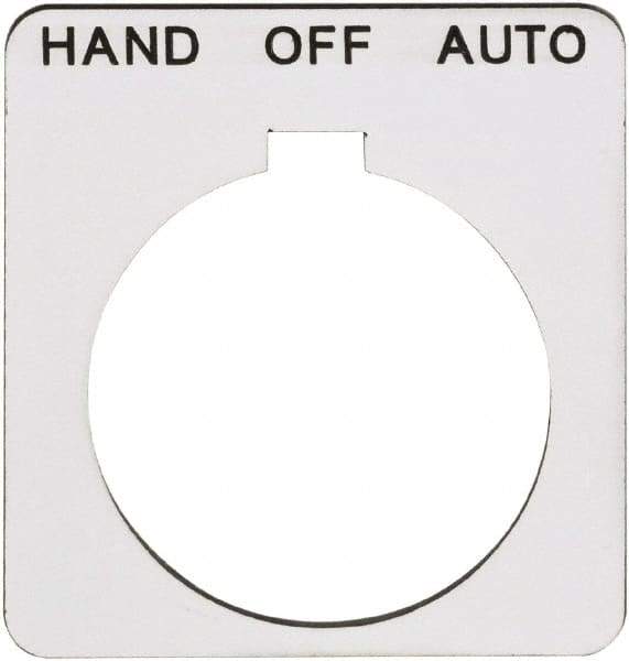 Schneider Electric - Square, Plastic Legend Plate - Hand-Off-Auto - White Background, Black Letters, 1.2 Inch Hole Diameter, 1-3/4 Inch Square - All Tool & Supply