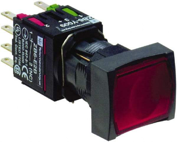 Schneider Electric - 16mm Mount Hole, Flush, Pushbutton Switch with Contact Block - Rectangle, Red Pushbutton, Illuminated, Momentary (MO) - All Tool & Supply