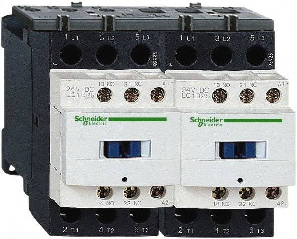 Schneider Electric - 3 Pole, 24 Coil VDC, 9 Amp at 440 VAC, Reversible IEC Contactor - 1 Phase hp: 0.5 at 115 VAC, 1 at 230/240 VAC, 3 Phase hp: 2 at 200/208 VAC, 2 at 230/240 VAC, 5 at 460/480 VAC, 7.5 at 575/600 VAC - All Tool & Supply