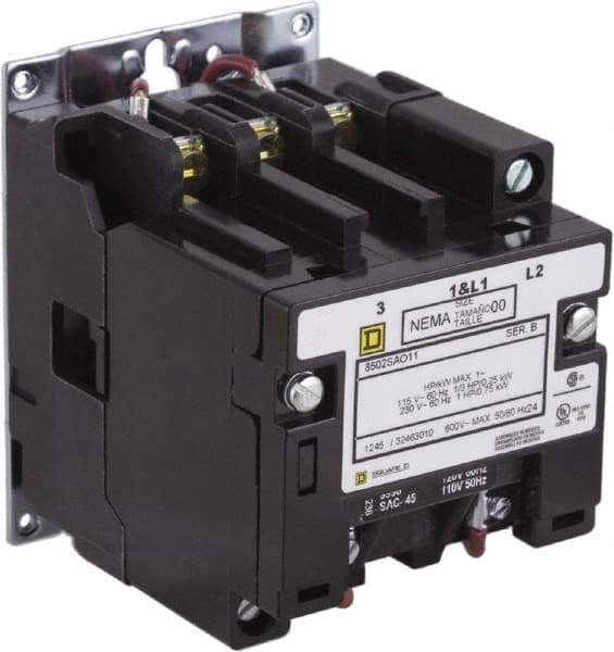 Square D - 2 Pole, 220 Coil VAC at 50 Hz, 240 Coil VAC at 60 Hz, 9 Amp NEMA Contactor - Open Enclosure, 50 Hz at 220 VAC and 60 Hz at 240 VAC - All Tool & Supply