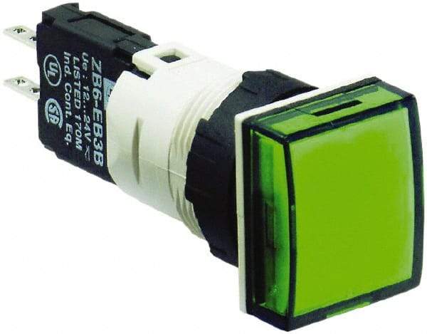 Schneider Electric - 12-24 VAC/VDC Green Lens LED Pilot Light - Square Lens, Quick Connect Connector, 18mm Wide, Vibration Resistant - All Tool & Supply