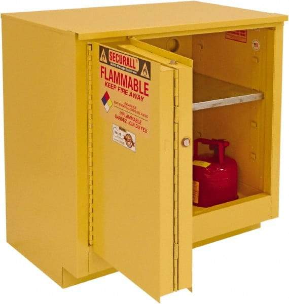 Securall Cabinets - 2 Door, 1 Shelf, Yellow Steel Under the Counter Safety Cabinet for Flammable and Combustible Liquids - 35-5/8" High x 35" Wide x 22" Deep, Sliding Door, 3 Point Key Lock, 24 Gal Capacity - All Tool & Supply