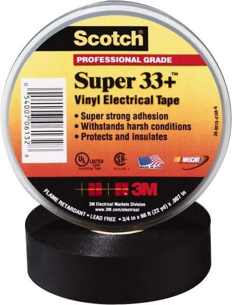 3M - 3/4" x 52', Black Vinyl Electrical Tape - Series 33+, 7 mil Thick, 1,150 V/mil Dielectric Strength, 15 Lb./Inch Tensile Strength - All Tool & Supply