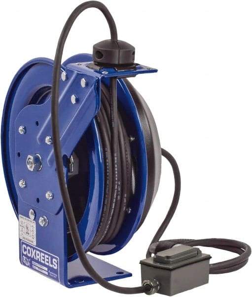 CoxReels - 12 AWG, 50' Cable Length, Cord & Cable Reel with Duplex GFCI Outlet Box End - 2 Outlets, NEMA 5-15R, 13 Amps, 115 Volts, SJO Cable, Blue Reel, Spring Driven Reel - All Tool & Supply