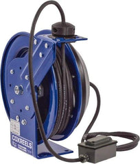 CoxReels - 16 AWG, 30' Cable Length, Cord & Cable Reel with Duplex GFCI Outlet Box End - 2 Outlets, NEMA 5-15R, 13 Amps, 115 Volts, SJO Cable, Blue Reel, Spring Driven Reel - All Tool & Supply