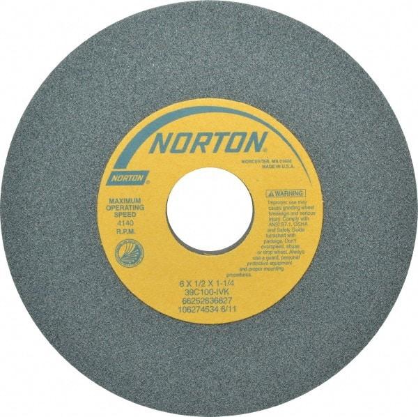 Norton - 6" Diam x 1-1/4" Hole x 1/2" Thick, I Hardness, 100 Grit Surface Grinding Wheel - Silicon Carbide, Type 1, Fine Grade, 4,140 Max RPM, Vitrified Bond, No Recess - All Tool & Supply