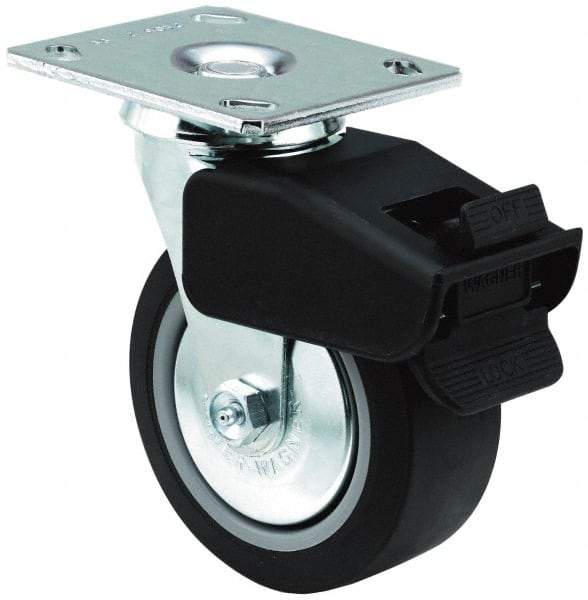 E.R. Wagner - 6" Diam x 2" Wide x 7-1/2" OAH Top Plate Mount Swivel Caster with Brake - TPR, 400 Lb Capacity, Roller Bearing, 4 x 4-1/2" Plate - All Tool & Supply