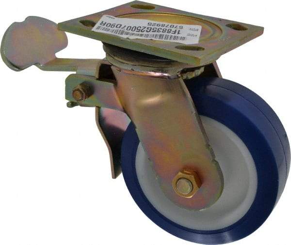 E.R. Wagner - 5" Diam x 2" Wide x 6-1/2" OAH Top Plate Mount Swivel Caster with Brake - Polyurethane, 750 Lb Capacity, Delrin Bearing, 4 x 4-1/2" Plate - All Tool & Supply