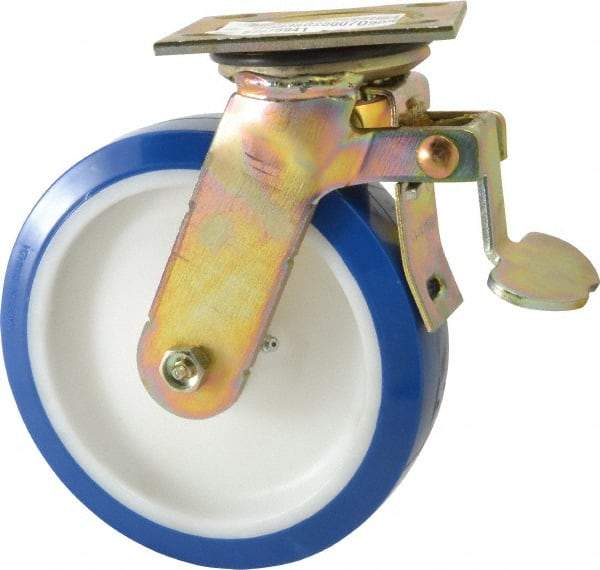 E.R. Wagner - 8" Diam x 2" Wide x 9-1/2" OAH Top Plate Mount Swivel Caster with Brake - Polyurethane, 900 Lb Capacity, Delrin Bearing, 4 x 4-1/2" Plate - All Tool & Supply