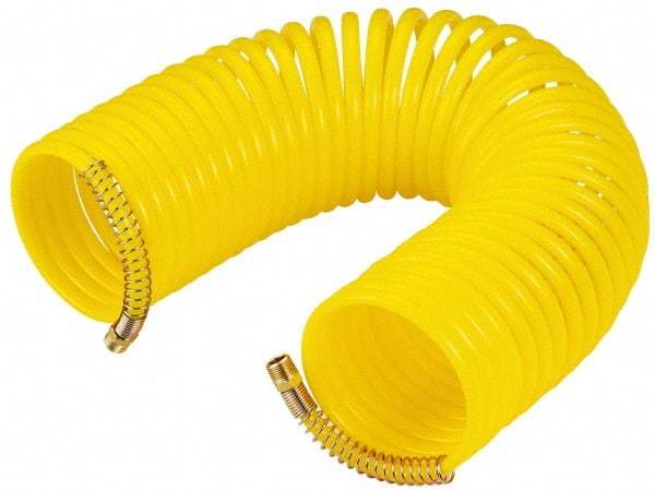 Value Collection - 3/8" ID, 3/8 Thread, 50' Long, Yellow Nylon Coiled & Self Storing Hose - Swivel Both Ends - All Tool & Supply