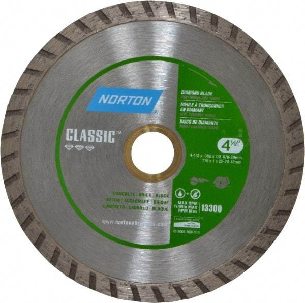 Norton - 4-1/2" Diam, 5/8 & 7/8" Arbor Hole Diam, Wet & Dry Cut Saw Blade - Diamond-Tipped, Standard Round Arbor - All Tool & Supply