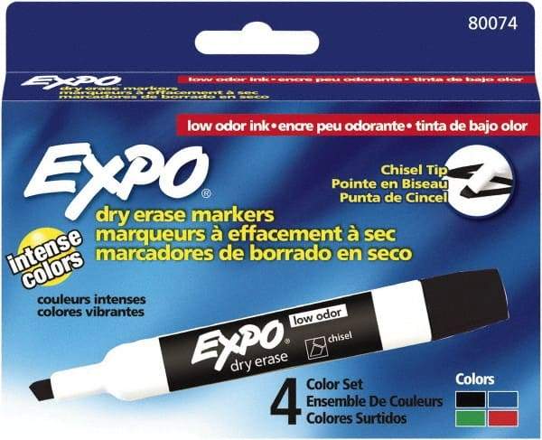 Expo - Black, Blue, Green & Red Low Odor Chisel Tip 4 Pack Dry Erase Markers - For Use with Dry Erase Marker Boards - All Tool & Supply