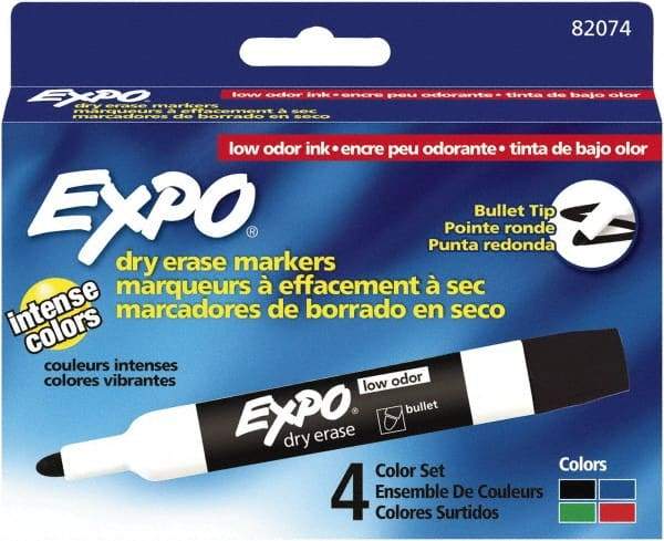 Expo - Black, Blue, Green & Red Low Odor Bullet Tip 4 Pack Dry Erase Markers - For Use with Dry Erase Marker Boards - All Tool & Supply