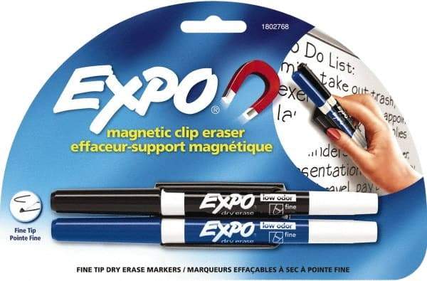 Expo - Fine Tip 2 Pack with Dry Eraser - Includes Blue, Black & Eraser, For Use with Dry Erase Marker Boards - All Tool & Supply