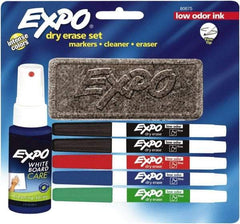 Expo - Red, Blue, Green & 2 Black Low Odor Fine Tip 5 Pack Dry Erase Markers - Includes 3 oz Cleaning Fluid & Eraser, For Use with Dry Erase Marker Boards - All Tool & Supply