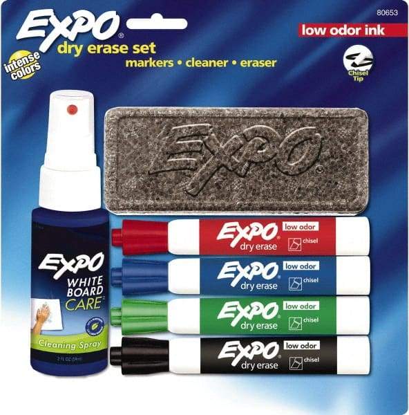 Expo - Red, Blue, Green & Black Low Odor 4 Pack Chisel Tip Dry Erase Markers - Includes Eraser & 3 oz Cleaning Fluid, For Use with Dry Erase Marker Boards - All Tool & Supply