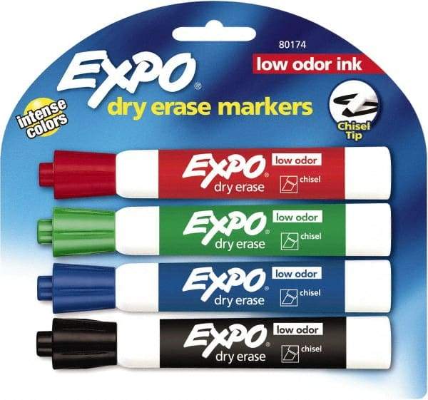 Expo - Black, Blue, Green & Red Low Odor Chisel Tip 4 Pack Dry Erase Markers - For Use with Dry Erase Marker Boards - All Tool & Supply