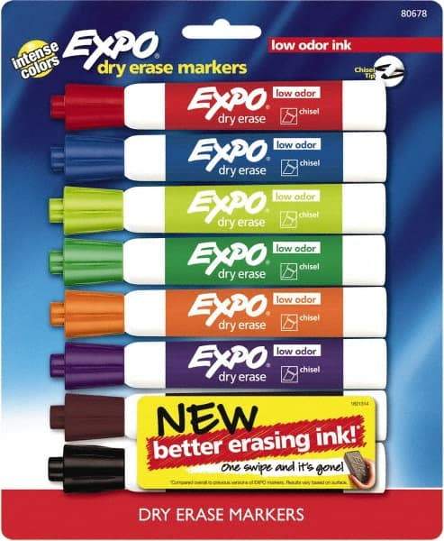 Expo - Black, Blue, Brown, Green, Orange, Pink, Purple & Red Low Odor Chisel Tip 8 Pack Dry Erase Markers - For Use with Dry Erase Marker Boards - All Tool & Supply