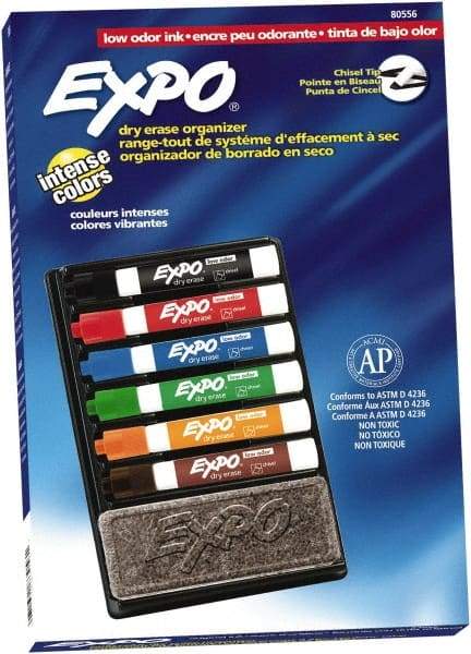 Expo - Black, Blue, Brown, Green, Orange, & Red Low Odor Chisel Tip Markers 6 Pack Dry Erase Markers - Includes Eraser & Organizer, For Use with Dry Erase Marker Boards - All Tool & Supply