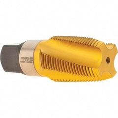 Kennametal - 1 - 11-1/2 NPT, 15° Helix, 4 Flutes, 2-1/2 - 3-1/2 Chamfer, TiN Finish, High Speed Steel, Spiral Flute Pipe Tap - Right Hand Flute, 1-3/4" Thread Length, 0.6780" Projection, Series T854 - Exact Industrial Supply