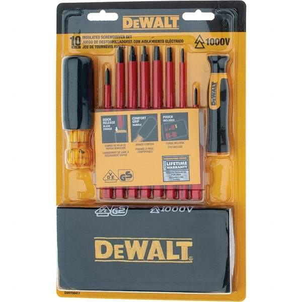 DeWALT - 10 Piece Slotted & Phillips Screwdriver Set - Vinyl Grip Handle, Blade Sizes: Width 3/16, 1/4 & 1/8, Bit Sizes: Philips #0 to #2, Tip Thickness: 1/8, 3/16 & 1/4, Comes in Tool Roll - All Tool & Supply