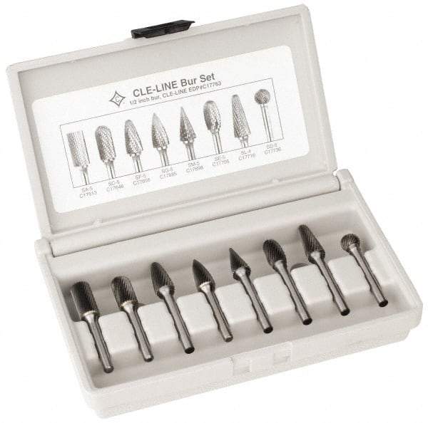 Cle-Line - 8 Piece, 1/4" Shank Burr Set - Solid Carbide, Multiple Head Shapes - All Tool & Supply