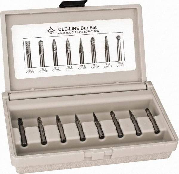 Cle-Line - 8 Piece, 1/4" Shank Burr Set - Solid Carbide, Multiple Head Shapes - All Tool & Supply