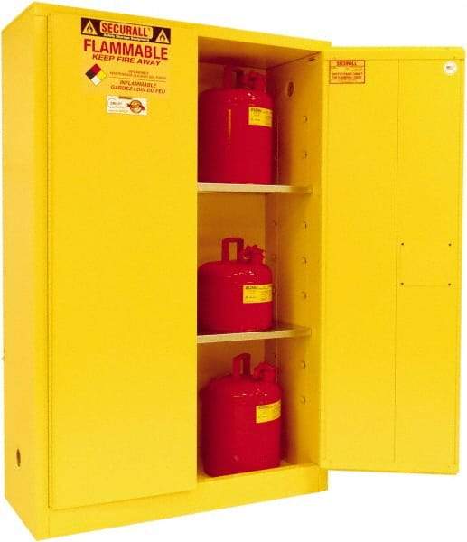 Securall Cabinets - 2 Door, 2 Shelf, Yellow Steel Standard Safety Cabinet for Flammable and Combustible Liquids - 65" High x 43" Wide x 18" Deep, Manual Closing Door, 3 Point Key Lock, 45 Gal Capacity - All Tool & Supply