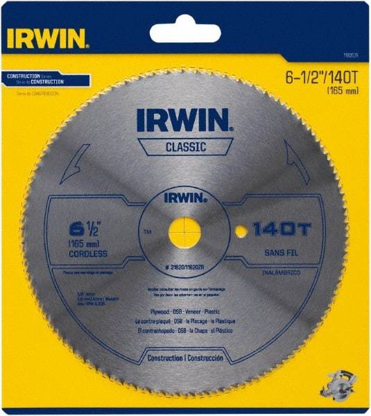 Irwin - 6-1/2" Diam, 5/8" Arbor Hole Diam, 140 Tooth Wet & Dry Cut Saw Blade - High Carbon Steel, Smooth Action, Standard Round Arbor - All Tool & Supply