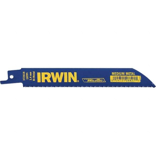 Irwin Blades - 6" Long, Bi-Metal Reciprocating Saw Blade - Straight Profile, 18 TPI, Toothed Edge, Tang Shank - All Tool & Supply