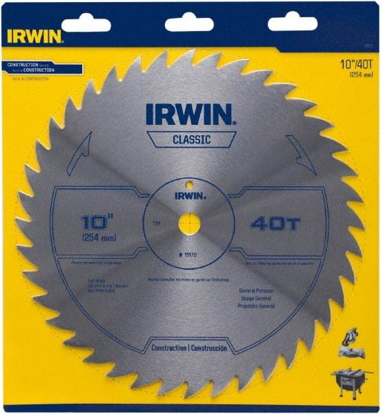 Irwin Blades - 10" Diam, 5/8" Arbor Hole Diam, 40 Tooth Wet & Dry Cut Saw Blade - High Carbon Steel, Smooth Action, Standard Round Arbor - All Tool & Supply