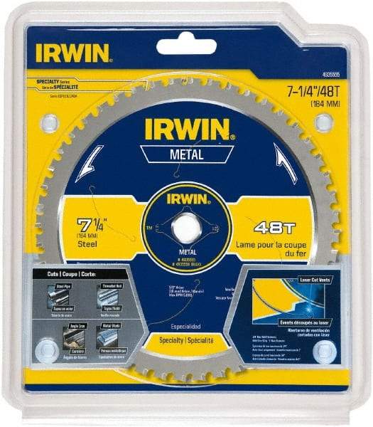 Irwin Blades - 7-1/4" Diam, 5/8" Arbor Hole Diam, 48 Tooth Wet & Dry Cut Saw Blade - Carbide-Tipped, Smooth Action, Standard Round Arbor - All Tool & Supply