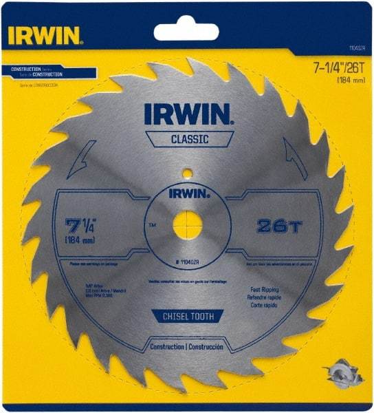 Irwin Blades - 7-1/4" Diam, 5/8" Arbor Hole Diam, 26 Tooth Wet & Dry Cut Saw Blade - High Carbon Steel, Smooth Action, Diamond Arbor - All Tool & Supply