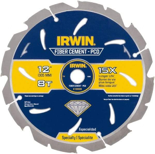 Irwin Blades - 12" Diam, 1" Arbor Hole Diam, 8 Tooth Wet & Dry Cut Saw Blade - Diamond-Tipped, Smooth Action, Standard Round Arbor - All Tool & Supply