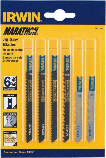 Irwin Blades - 6 Piece, 3-1/4" to 4" Long, 6 to 20 Teeth per Inch, Bi-Metal and Carbon Jig Saw Blade Set - Toothed Edge, U-Shank - All Tool & Supply